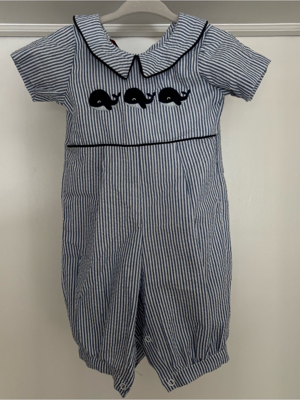 Lil Cactus Blue and White Striped Whale Appliqué Baby Romper